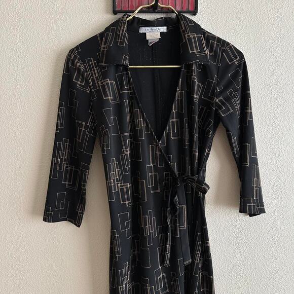 Vintage La Belle black gold retro abstract 3/4 sleeve wrap midi dress size S - Picture 6 of 10